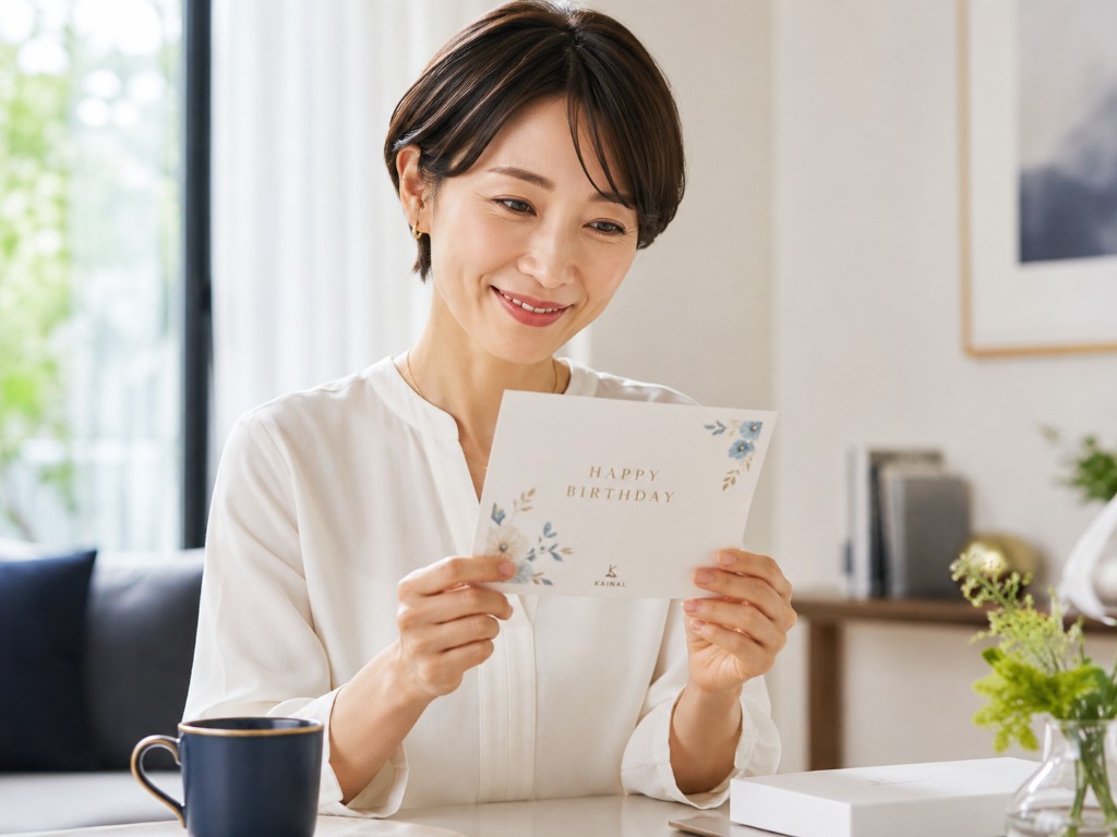 はがきを受け取り微笑むお客様のイメージ