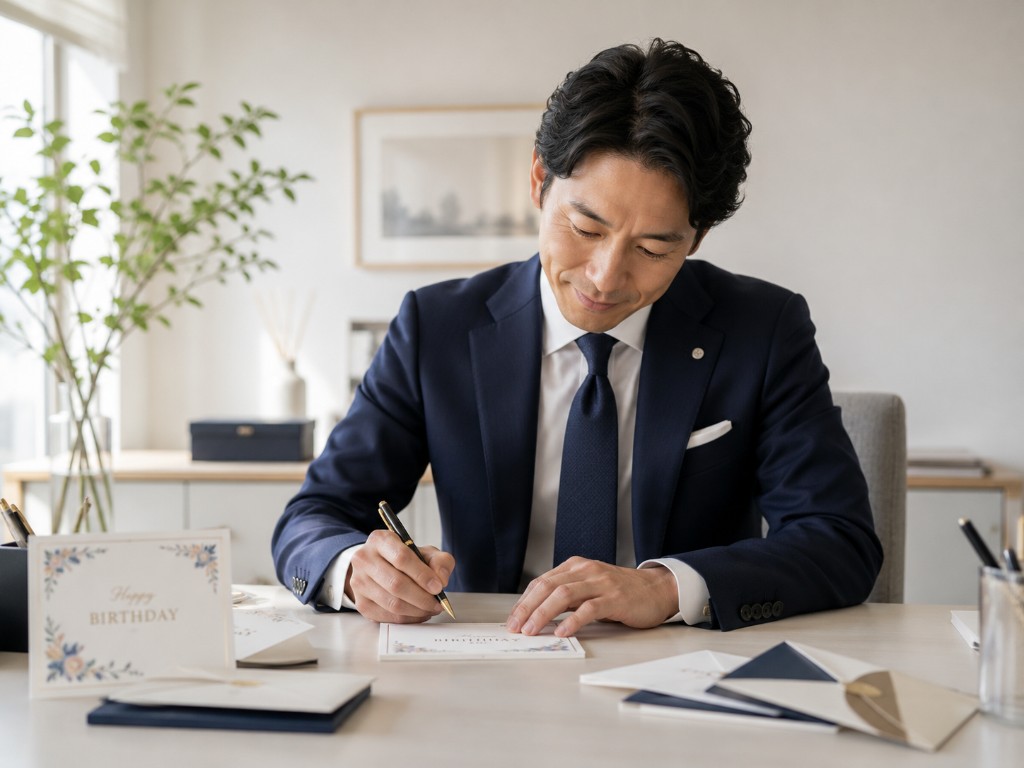 オフィスで誕生日はがきにメッセージを記入する募集人のイメージ