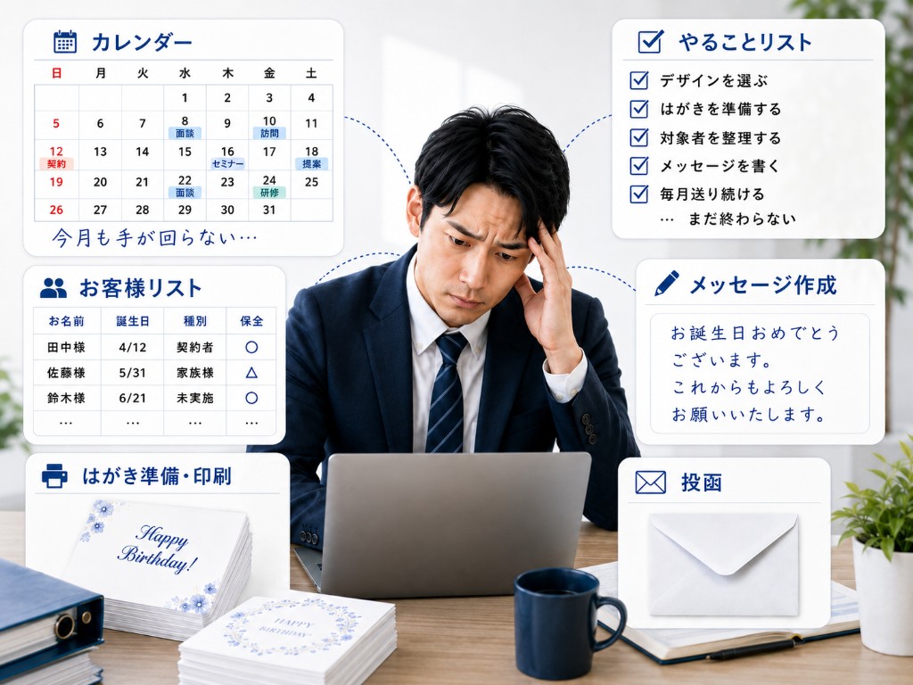 保全課題：デスクで頭を抱えるビジネスパーソン。カレンダー、やることリスト、お客様リスト、メッセージ作成、はがき準備・印刷、投函（封筒）など、手作業の保全業務が重なっている様子を示すイラスト。